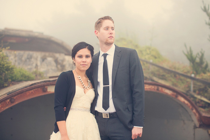 foggy bride and groom portrait